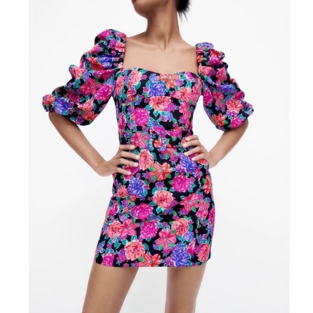 Zara floral printed puff sleeve dress